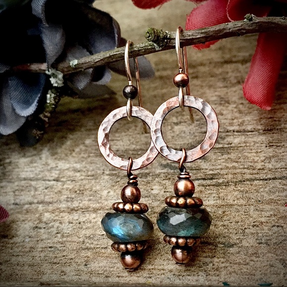 Hand Crafted Jewelry - Hammered copper labradorite dangle earrings